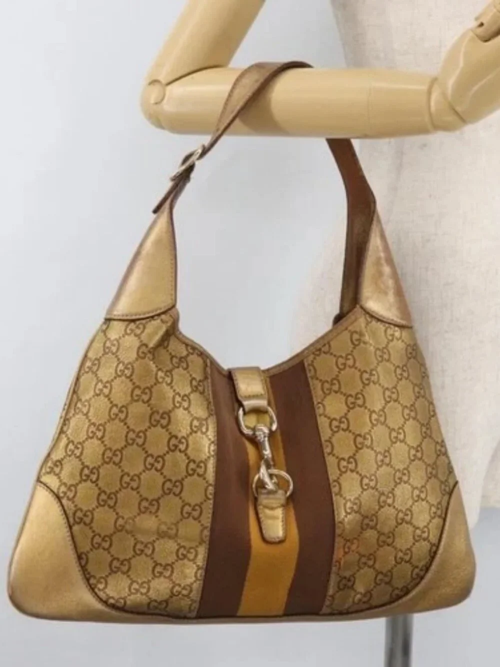GUCCI GG Canvas Guccissima Sherry Line Bag Leather Gold 153029 Auth BAZ429
